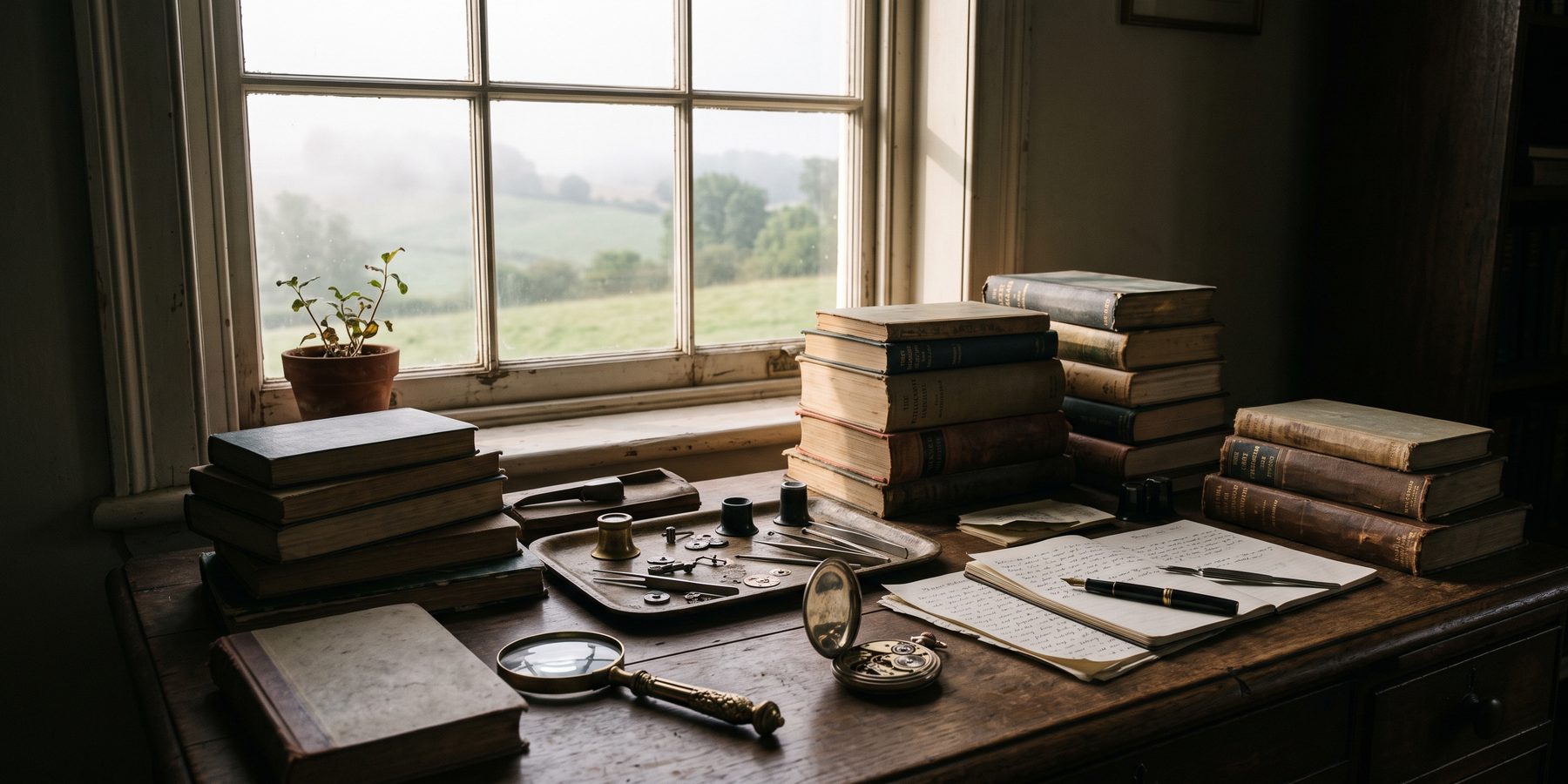 Escritorio de trabajo junto a una ventana con libros de filosofía y ciencia, una lupa y herramientas antiguas de relojería.
